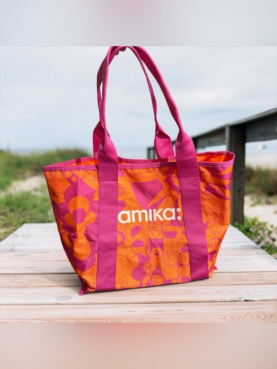 amika Handbags - NEW Amika Signature Print Tote Bag Large Orange Pink Floral Utility Beach Travel